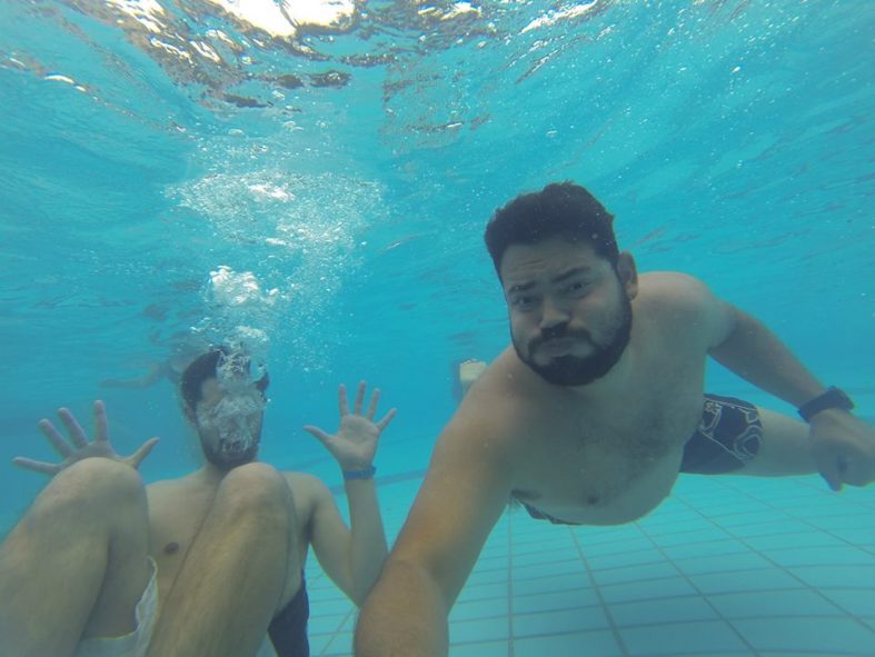 Jose and I avoiding death in the wave pool.
